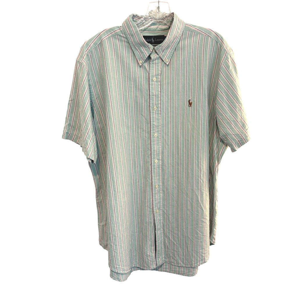 Ralph Lauren Button Down Shirt Men XL Green Pink Striped Thick Oxford Cloth